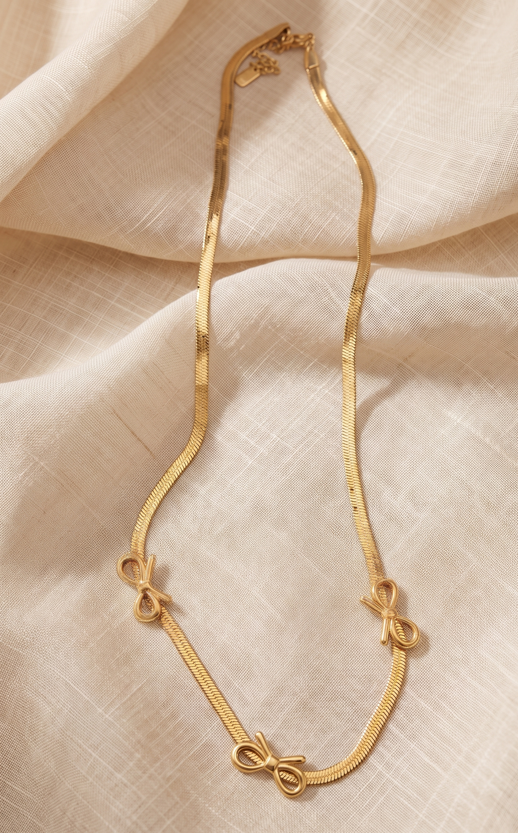 Golden Bow Trio Anti-Tarnish Necklace | 18K Gold Plated Coquette Herringbone Chain