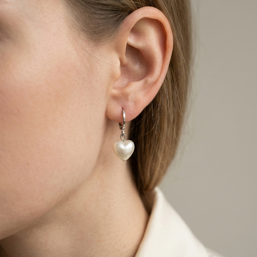 Amour Pearl Heart Charm Huggie Hoop Earrings in Silver