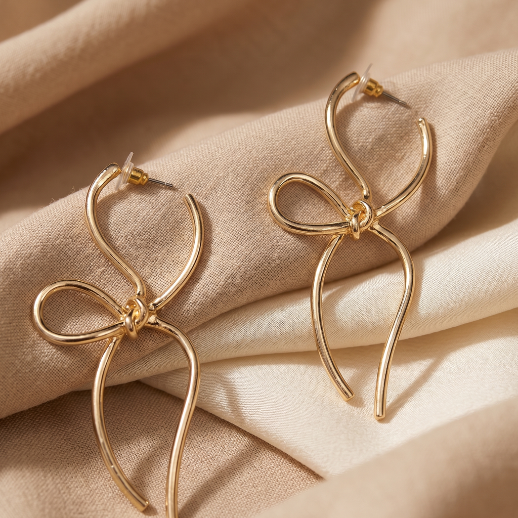 Gold bow-shaped earrings on a beige fabric background