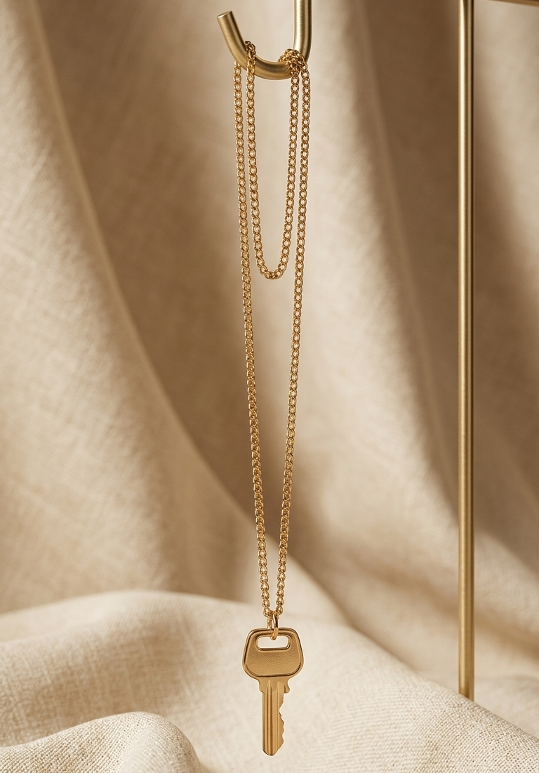 Gold key necklace on a beige fabric background