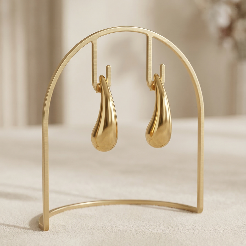 Gold teardrop earrings on a matching gold stand against a neutral background