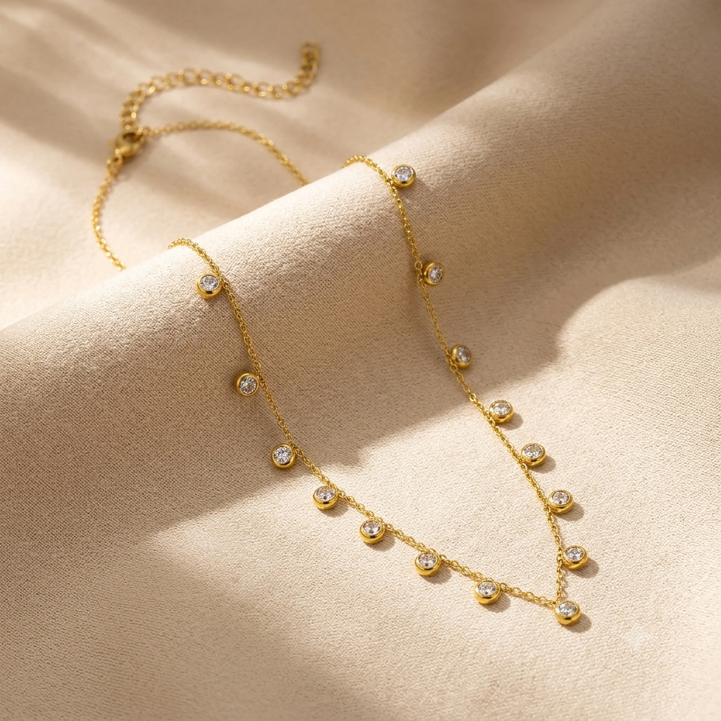 CZ Station Necklace for Women | Dainty Layering Chain with CZ Charms || Rakhi Gift for Sister