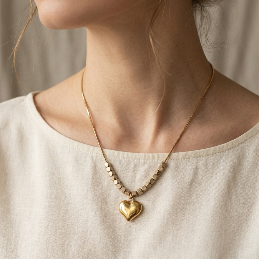 Dainty Heart & Geometric Cube Anti-Tarnish Necklace