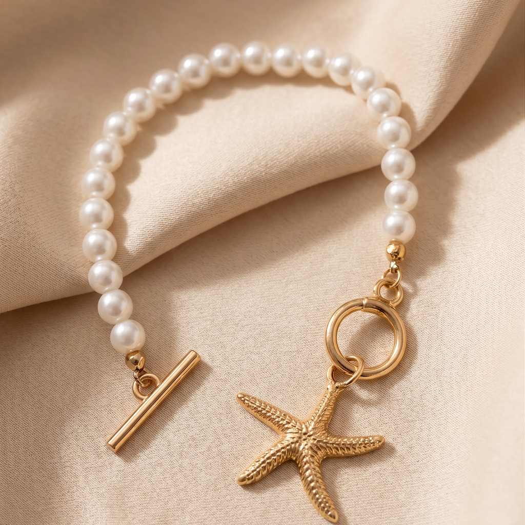 Pearl bracelet with gold starfish charm on beige fabric