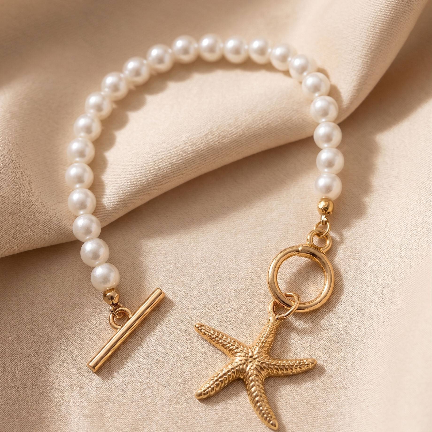 Pearl bracelet with gold starfish charm on beige fabric