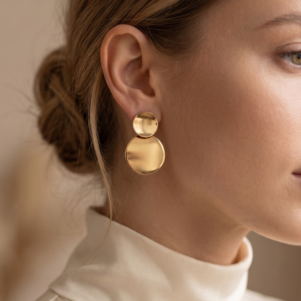 Close-up of a woman wearing gold earrings with a neutral background