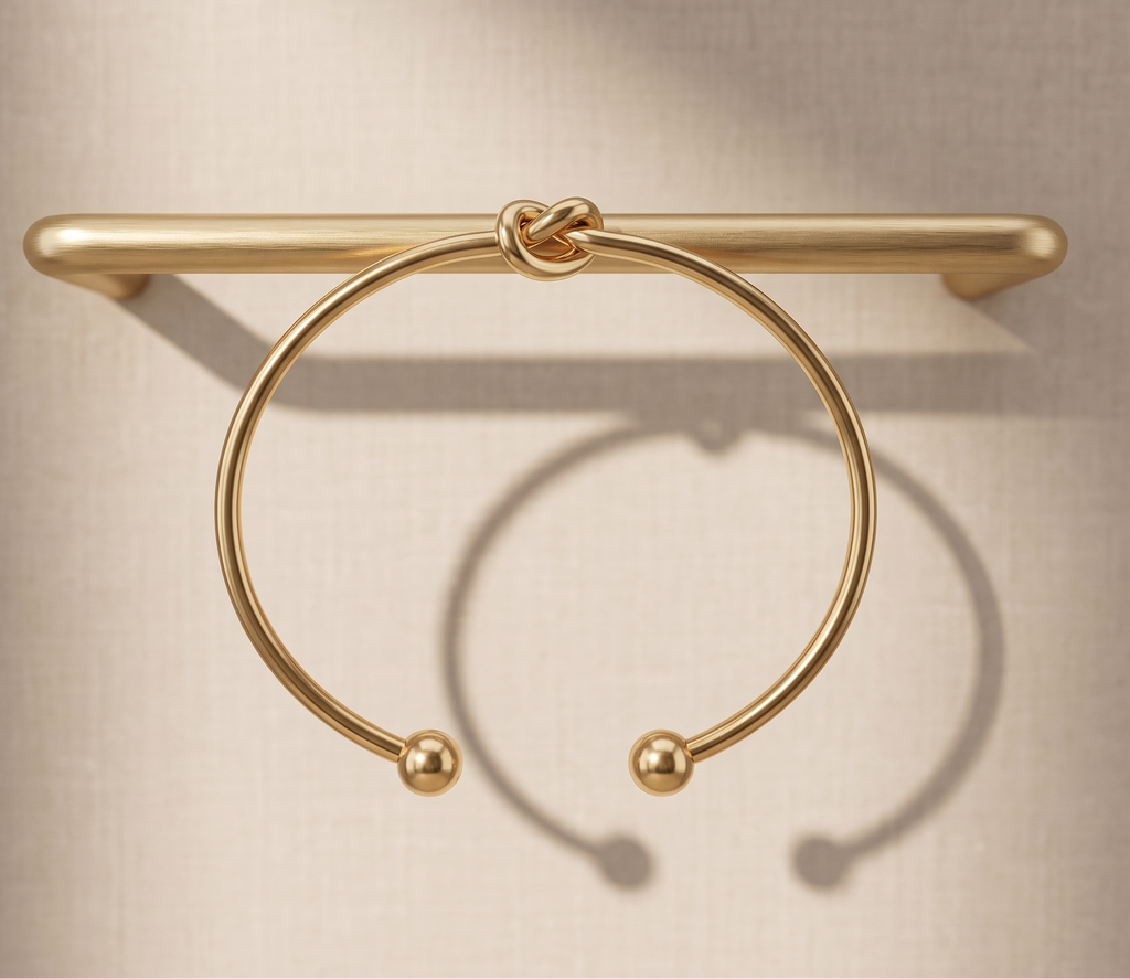 Gold bracelet with a knot design on a beige background