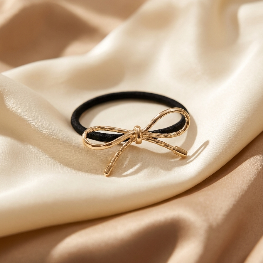 Black hair tie with a gold bow on a beige fabric background