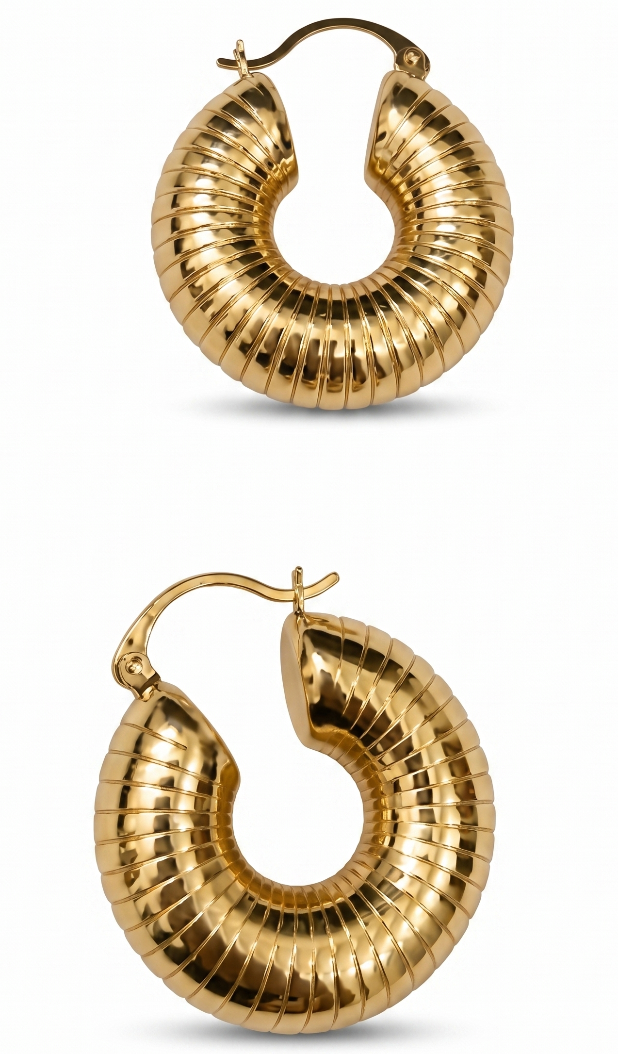 Gold hoop earrings on a white background