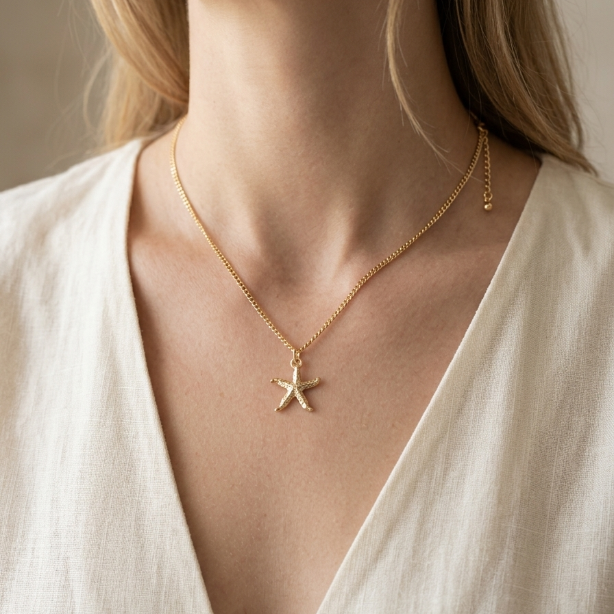 Gold Starfish Pendant Necklace - 14k Gold Plated Textured Sea Star Ocean Choker Chain