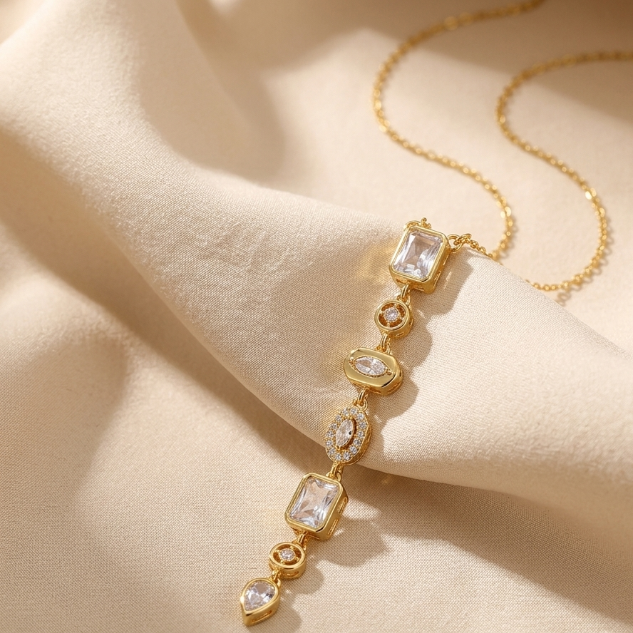 Multi-cut White Crystals Stones Golden Chain Y Necklace Waterproof Anti Tarnish 18K Gold Plated Spectrum Charm Necklace Chunky Layered white Rhinestone Jewelry for Women || Rakhi Gift for Sister