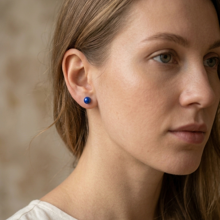 Close-up of a woman wearing blue earrings against a neutral background