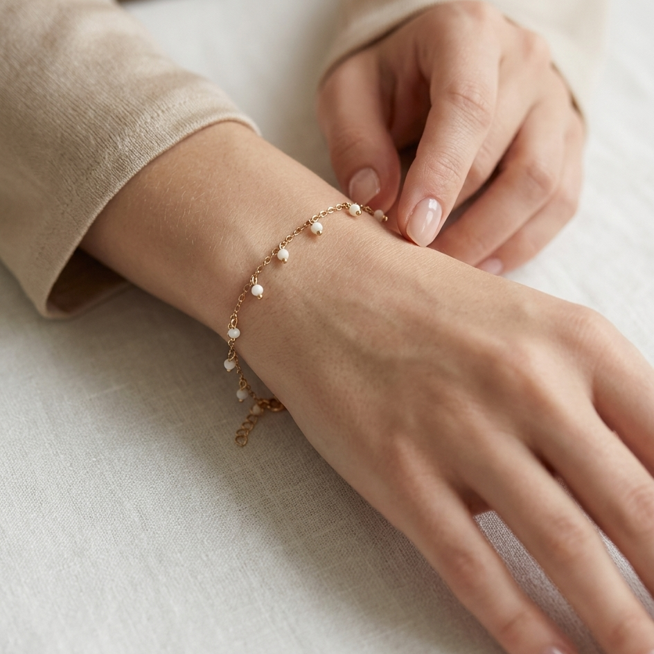 Hand wearing a delicate bracelet on a light background