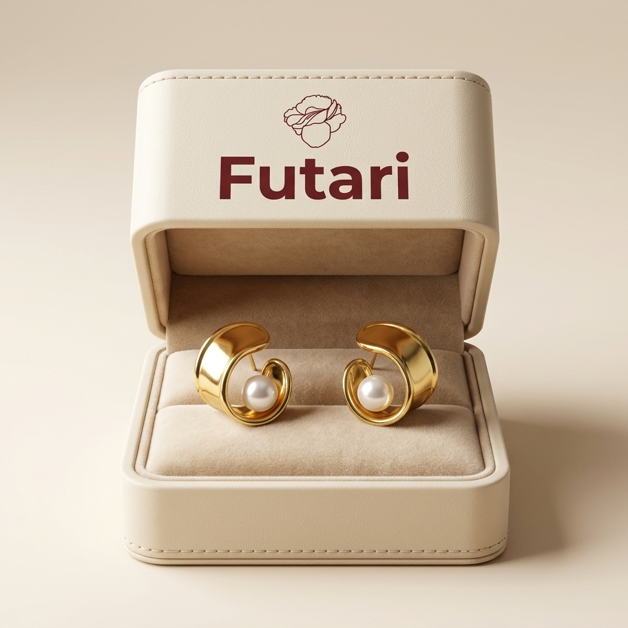 Gold earrings with pearls in a 'Futari' branded box on a beige background