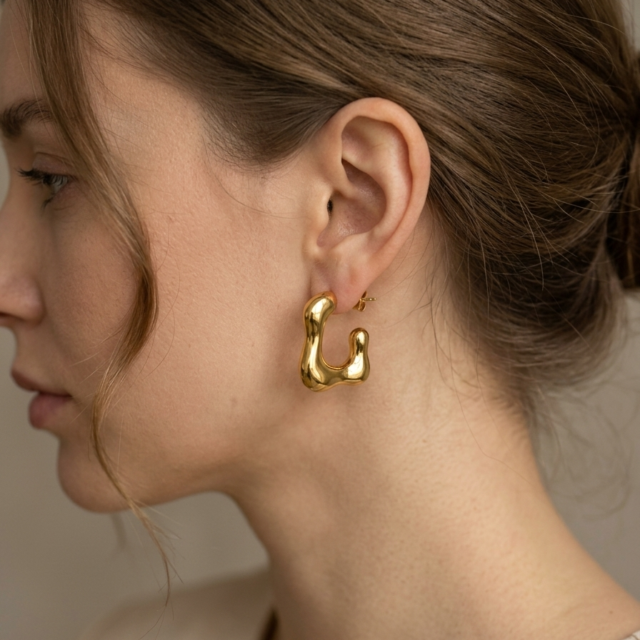 Gold hoop earring worn by a person with a neutral background
