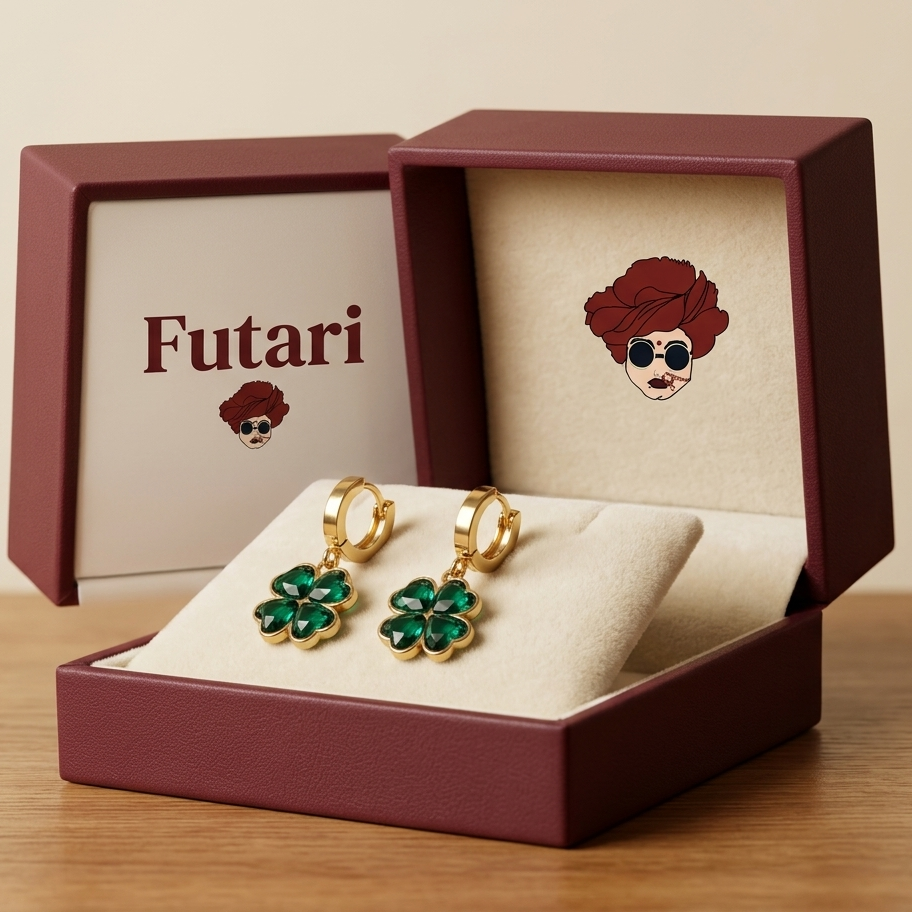 Gold and green earrings in an open 'Futari' jewelry box on a wooden surface.