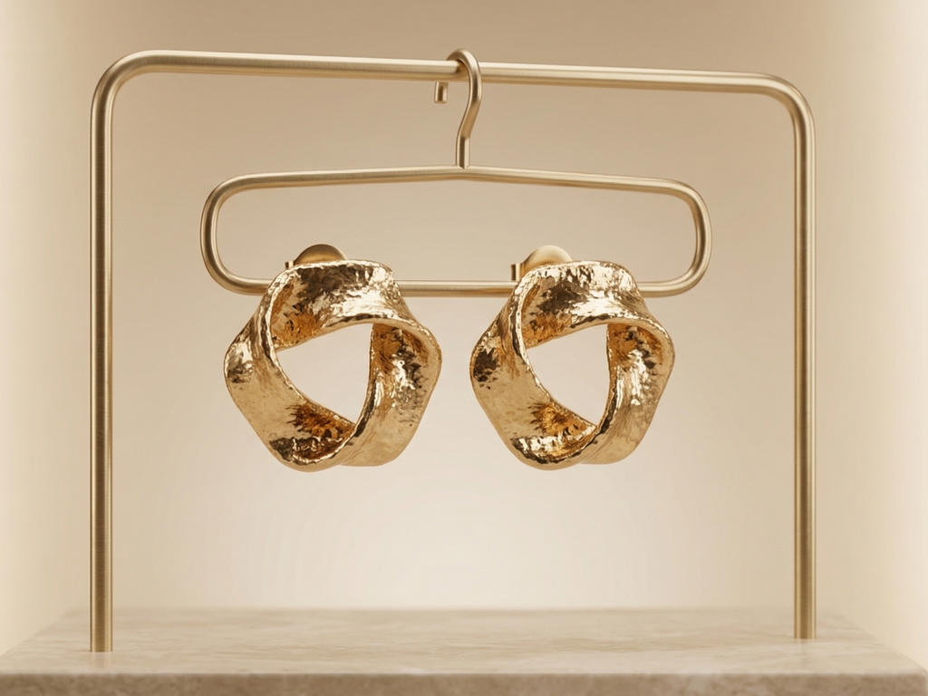 Gold hoop earrings on a gold stand against a beige background