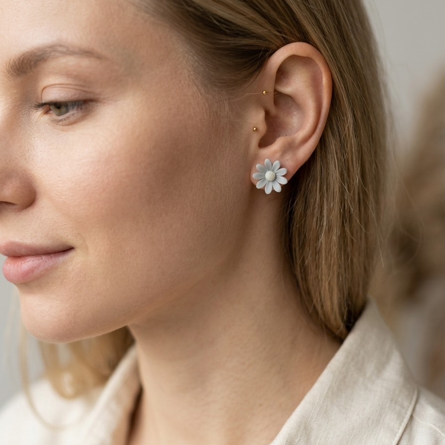 Close-up of a woman wearing a floral earring with a neutral background