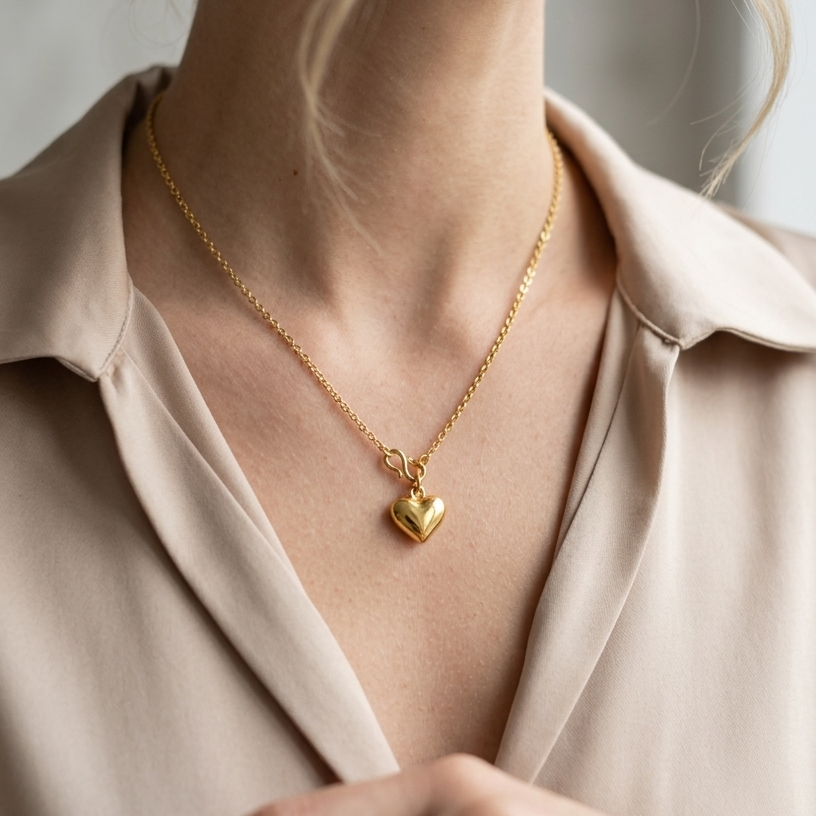 Gold necklace with a heart pendant worn by a person in a beige shirt.