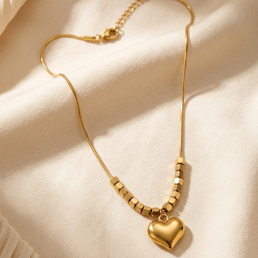 Dainty Heart & Geometric Cube Anti-Tarnish Necklace