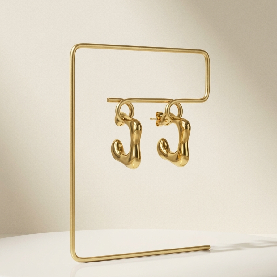 Gold earrings on a gold stand against a beige background