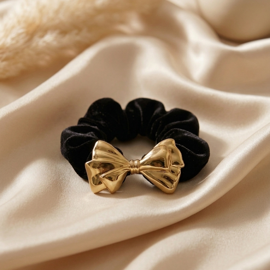 Black scrunchie with a gold bow on a beige fabric background