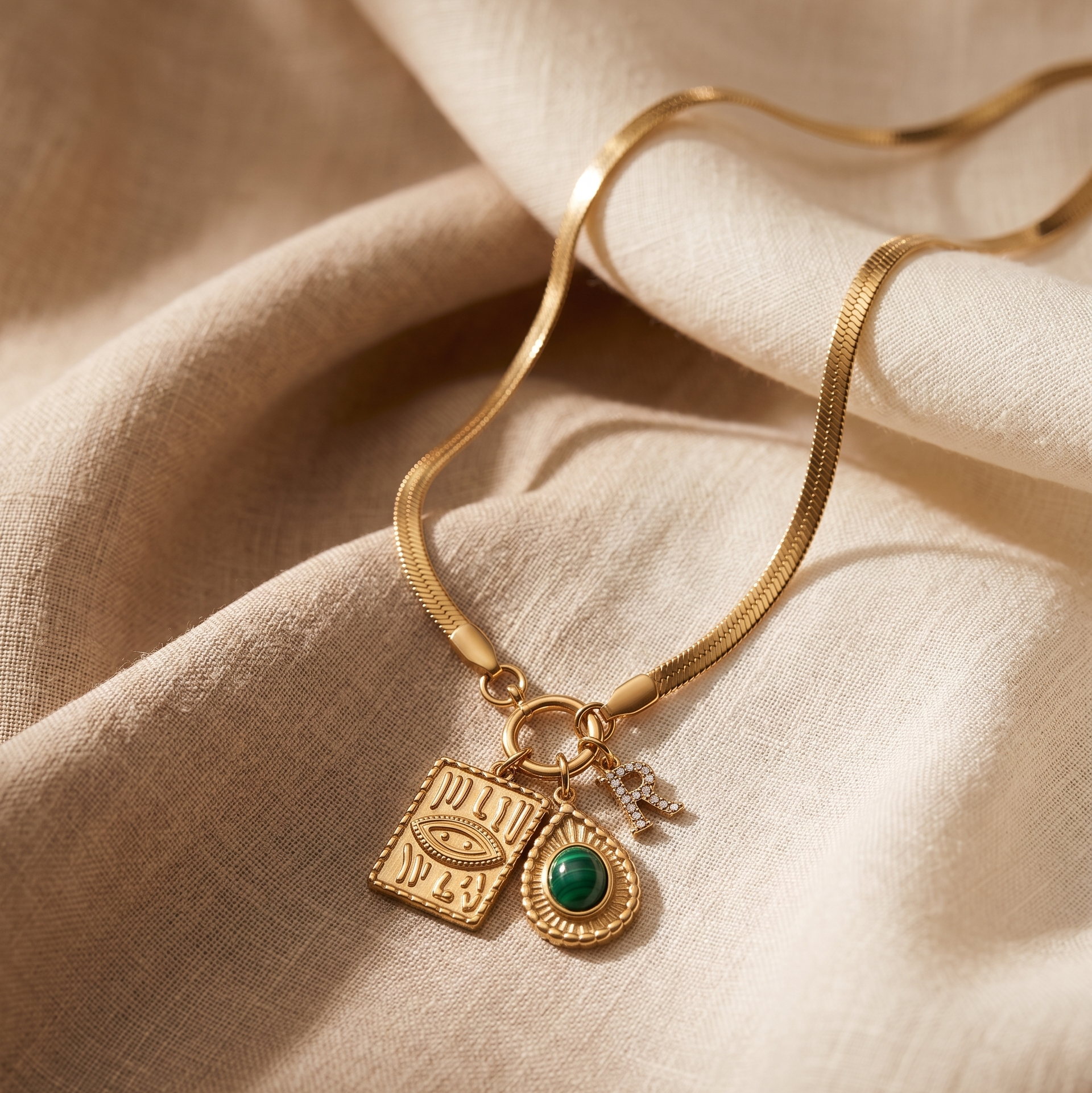 Personalized Anti-Tarnish Golden Herringbone Necklace – Custom Initial & Talisman Charm Cluste
