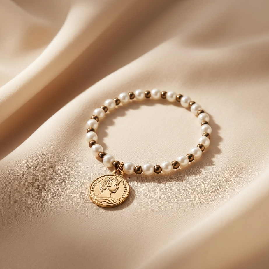 Vintage Empress Coin Pearl Bracelet | Elegant Stretch Beaded Bracelet for Women