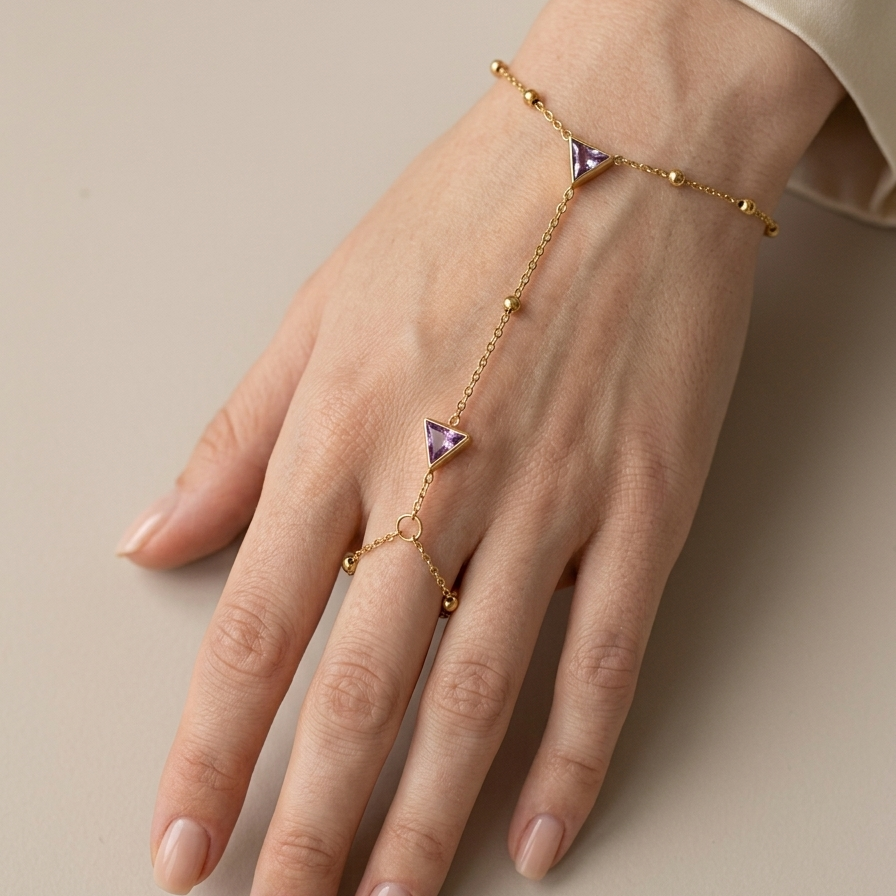 Dainty Gold-Tone Hand Harness with Triangle Crystal Accents || Hand chains || Rakhi Gift for Sister