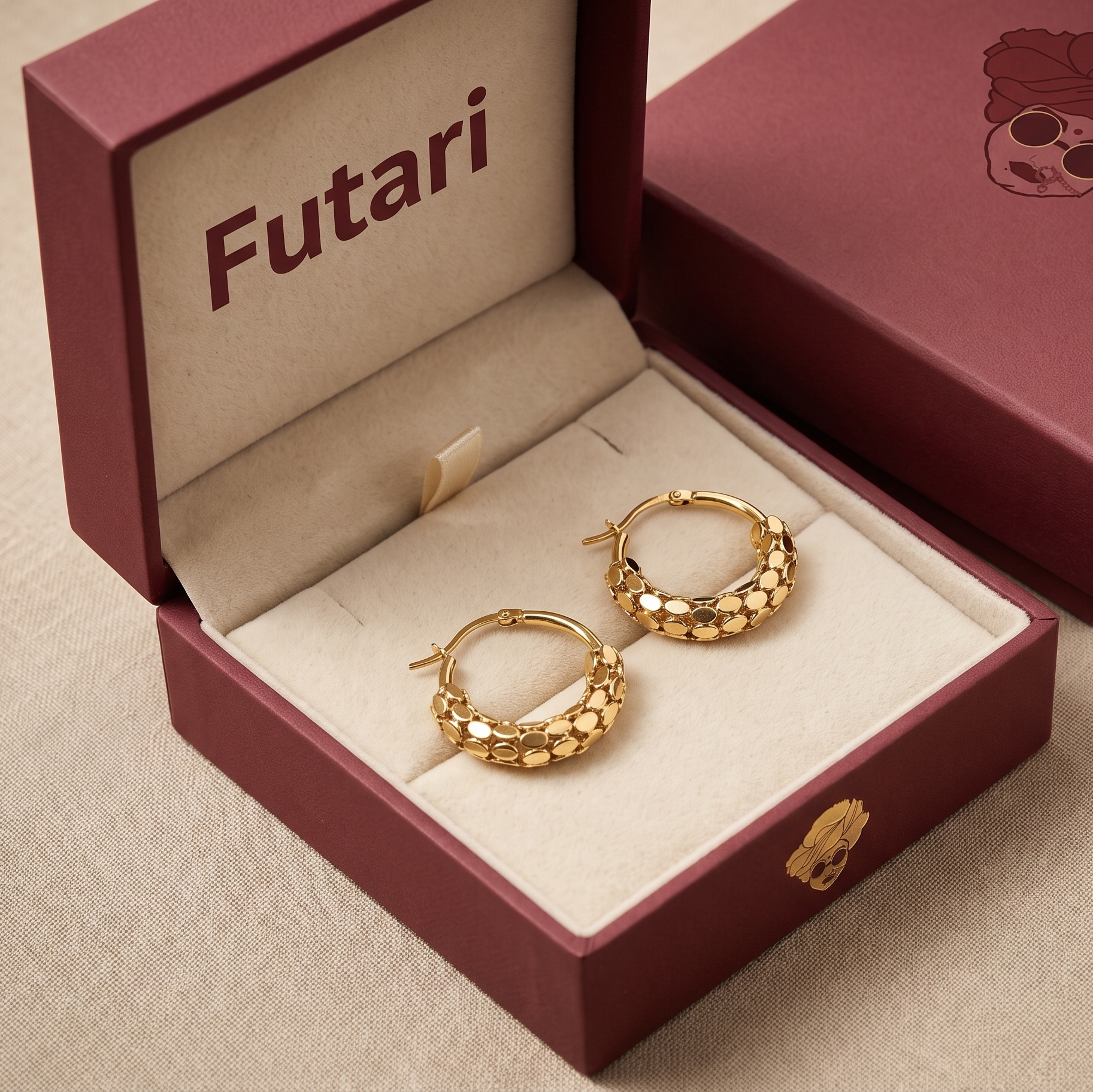 Gold hoop earrings in an open red 'Futari' jewelry box on a beige surface.