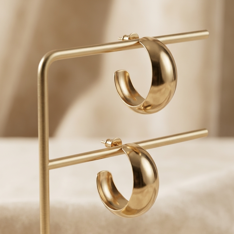 Gold hoop earrings on a matching stand against a beige background