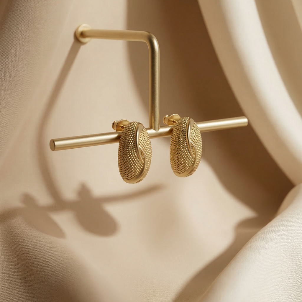 Gold hoop earrings on a beige fabric background