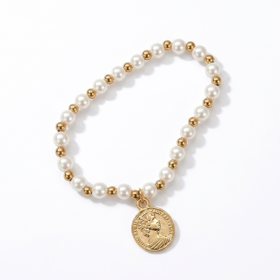 Vintage Empress Coin Pearl Bracelet | Elegant Stretch Beaded Bracelet for Women