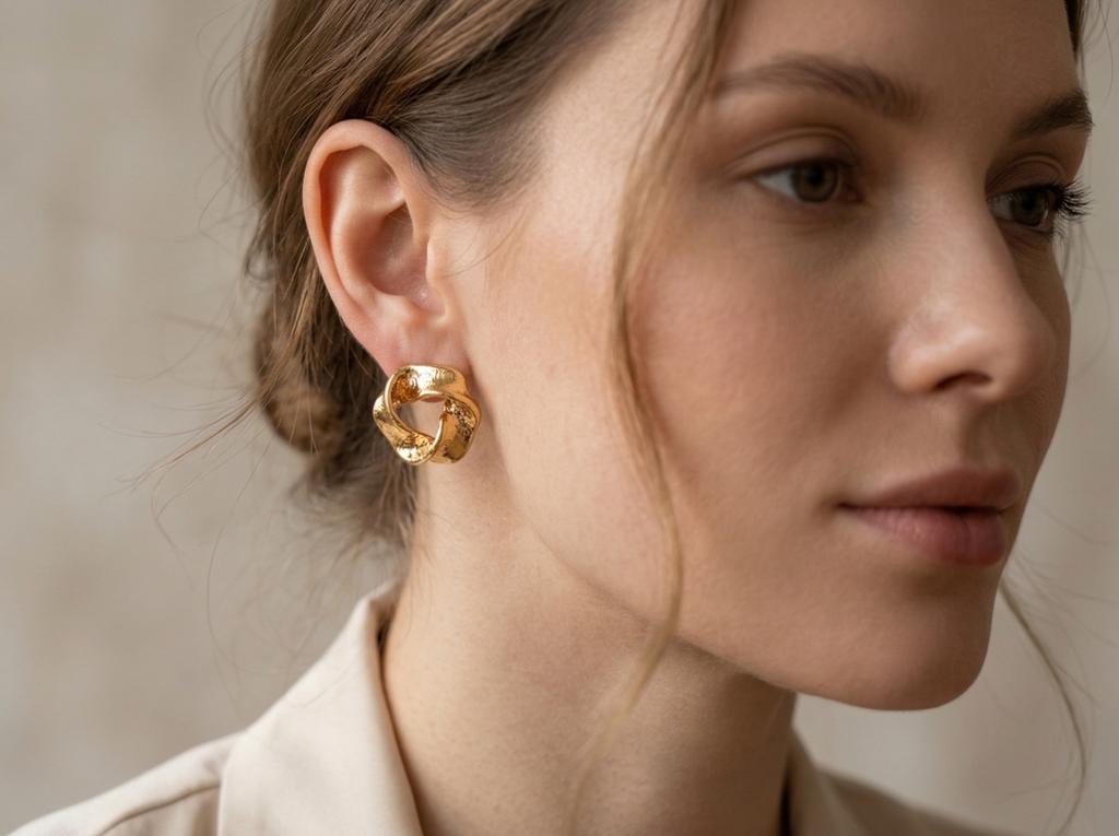Close-up of a woman wearing gold earrings with a neutral background