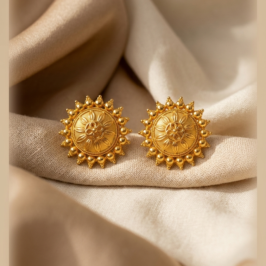 Gold earrings on beige fabric
