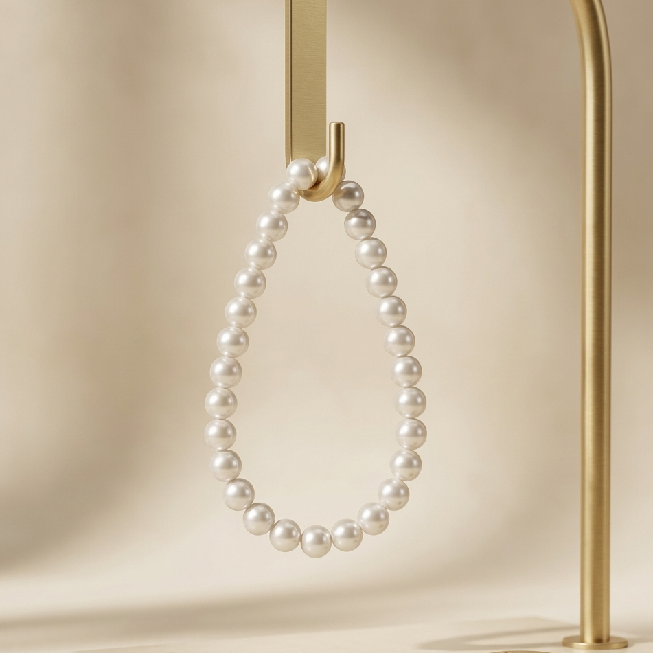 Pearl necklace on a gold stand against a beige background