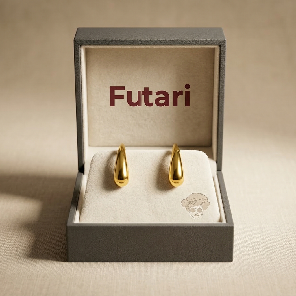 Gold earrings in a 'Futari' branded box on a beige background
