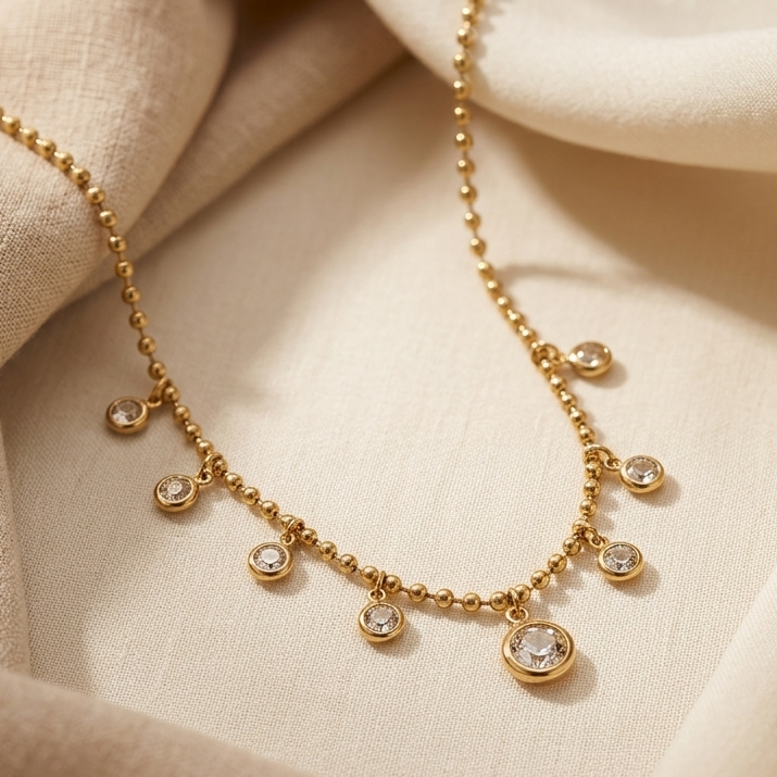 Shimmering Diamond Chain Necklace || White Gold Round Cz Charm Neckpiece | 18K Gold Plated || Rakhi Gift for Sister