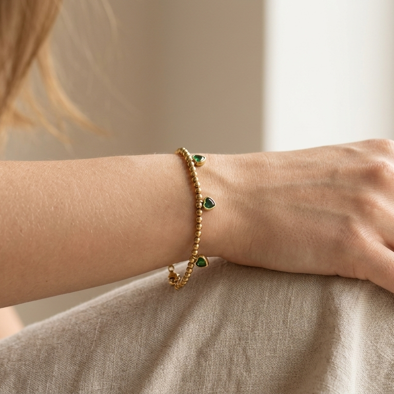 18K Gold Plated Stainless Steel with Green Heart Charms || Rakhi Gift for Sister