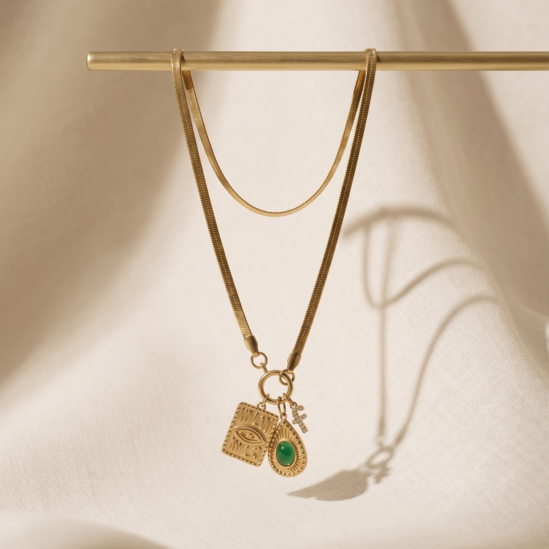 Personalized Anti-Tarnish Golden Herringbone Necklace – Custom Initial & Talisman Charm Cluste