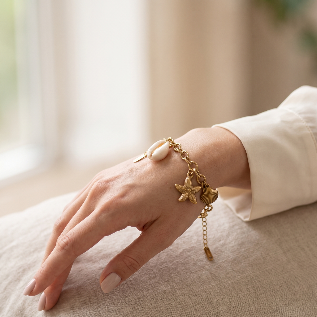Hand wearing a gold bracelet with charms on a light surface