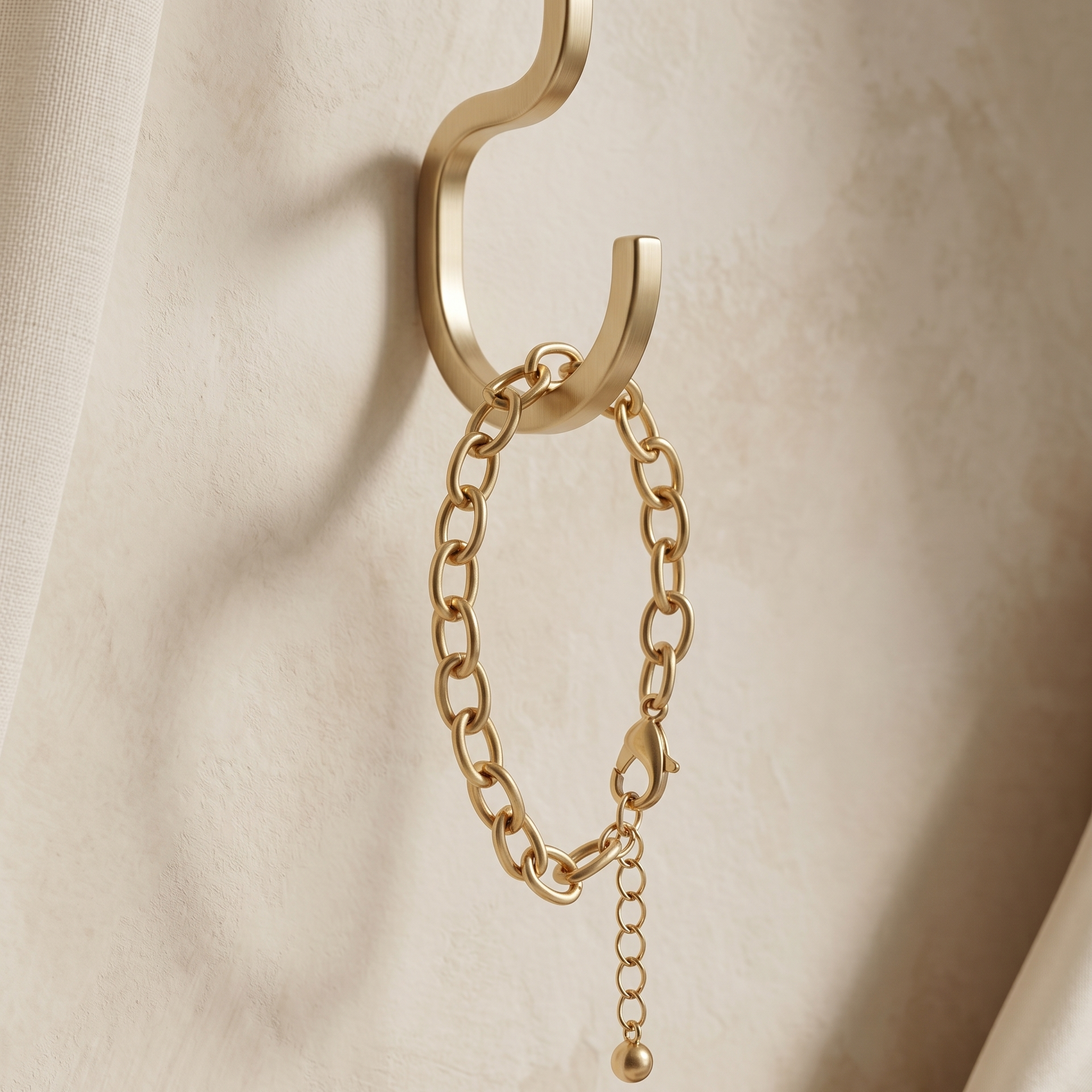 Gold chain earring on a beige background