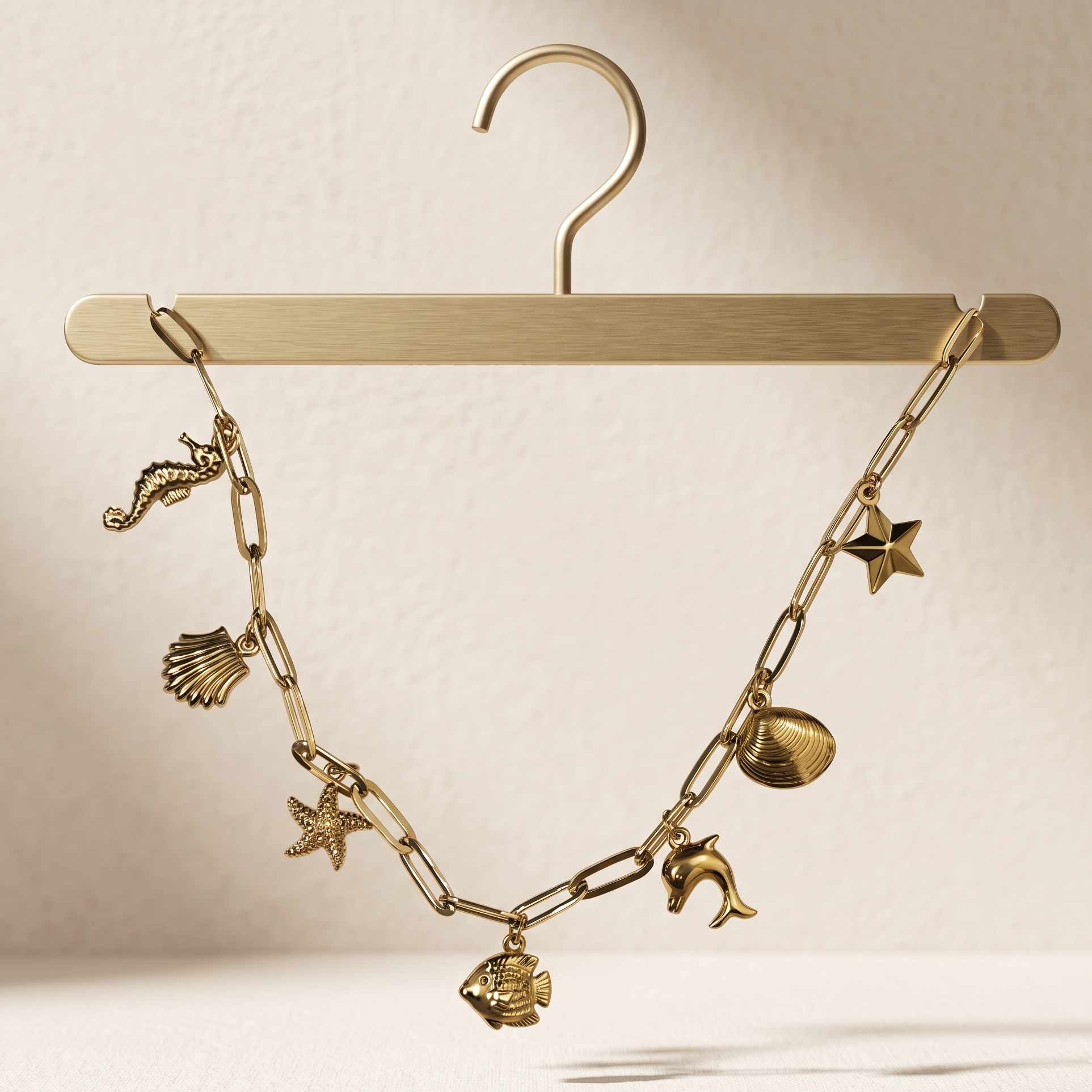 Gold chain bracelet with charms on a wooden hanger against a beige background