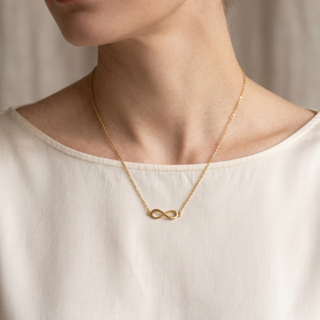 Gold necklace with an infinity symbol worn by a person in a white top against a neutral background