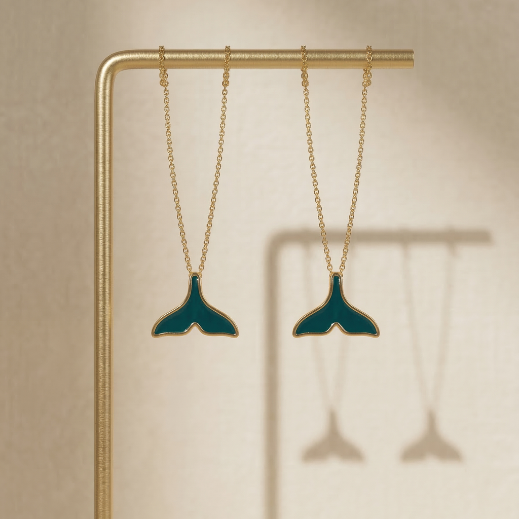 Two teal whale tail necklaces on a gold stand against a beige background