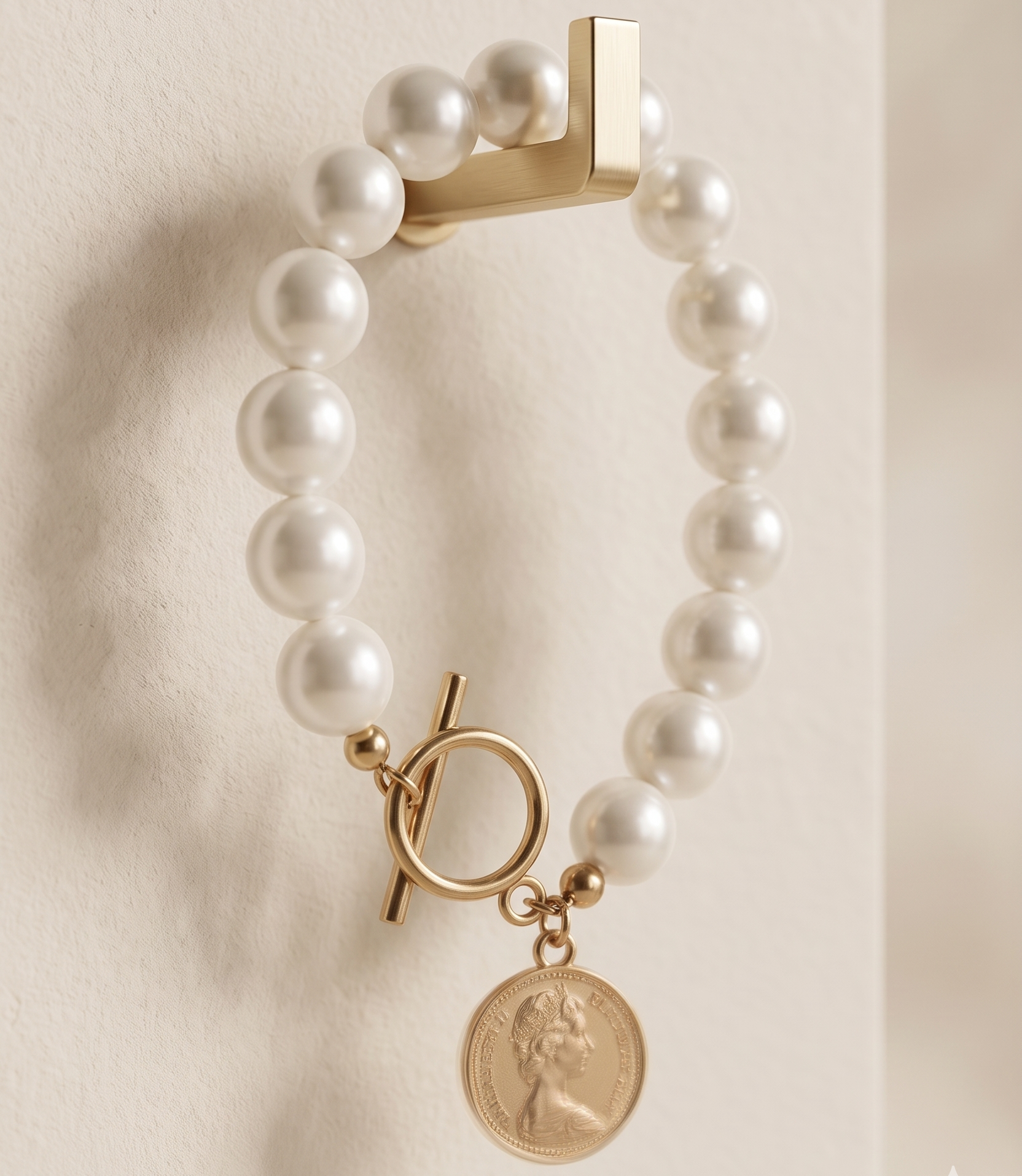 Pearl bracelet with a gold charm on a beige background