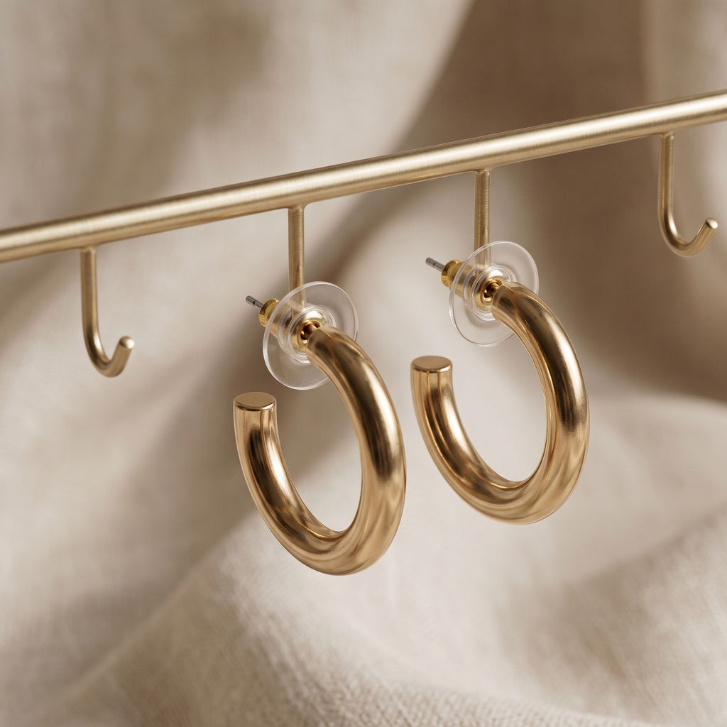 Gold hoop earrings hanging on a gold rod against a beige background