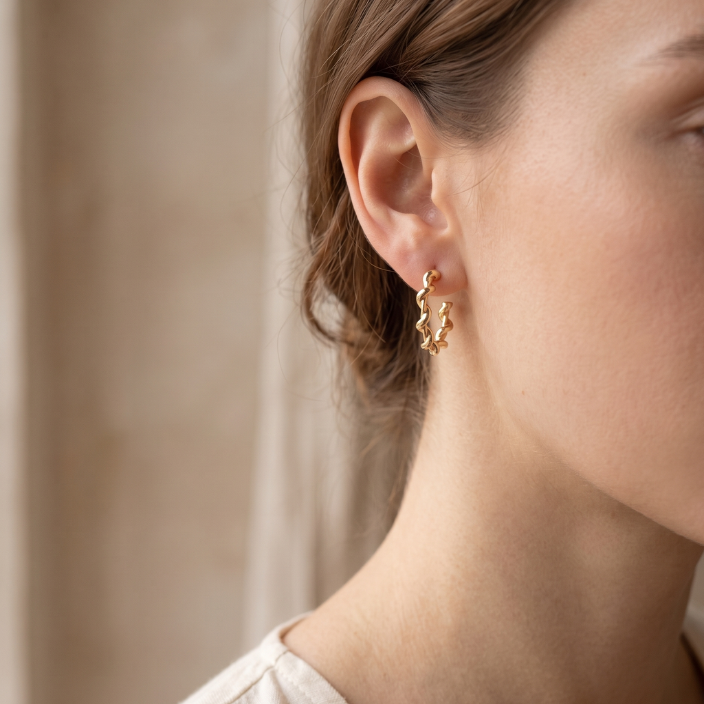 Close-up of a person wearing gold earrings with a neutral background