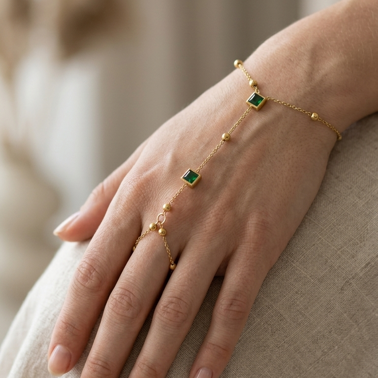 Dainty Gold-Tone Hand Harness with Square Purple Crystal Accents || Hand chains || Rakhi Gift for Sister