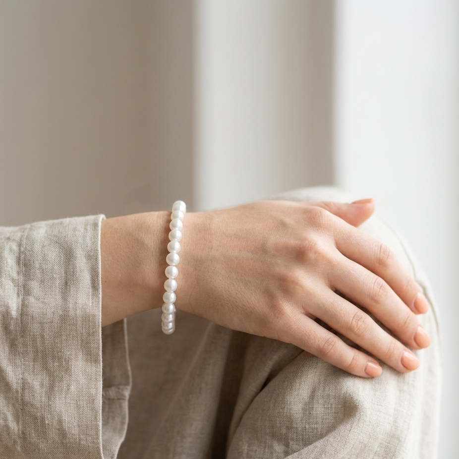 Person wearing a pearl bracelet sitting on a light-colored surface.